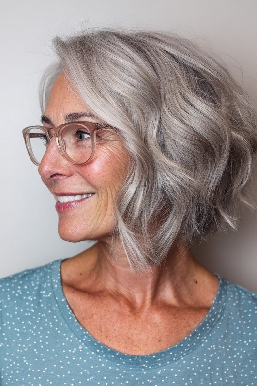 Silver Wavy Bob with Glasses - curly bob hairstyle for women over 50