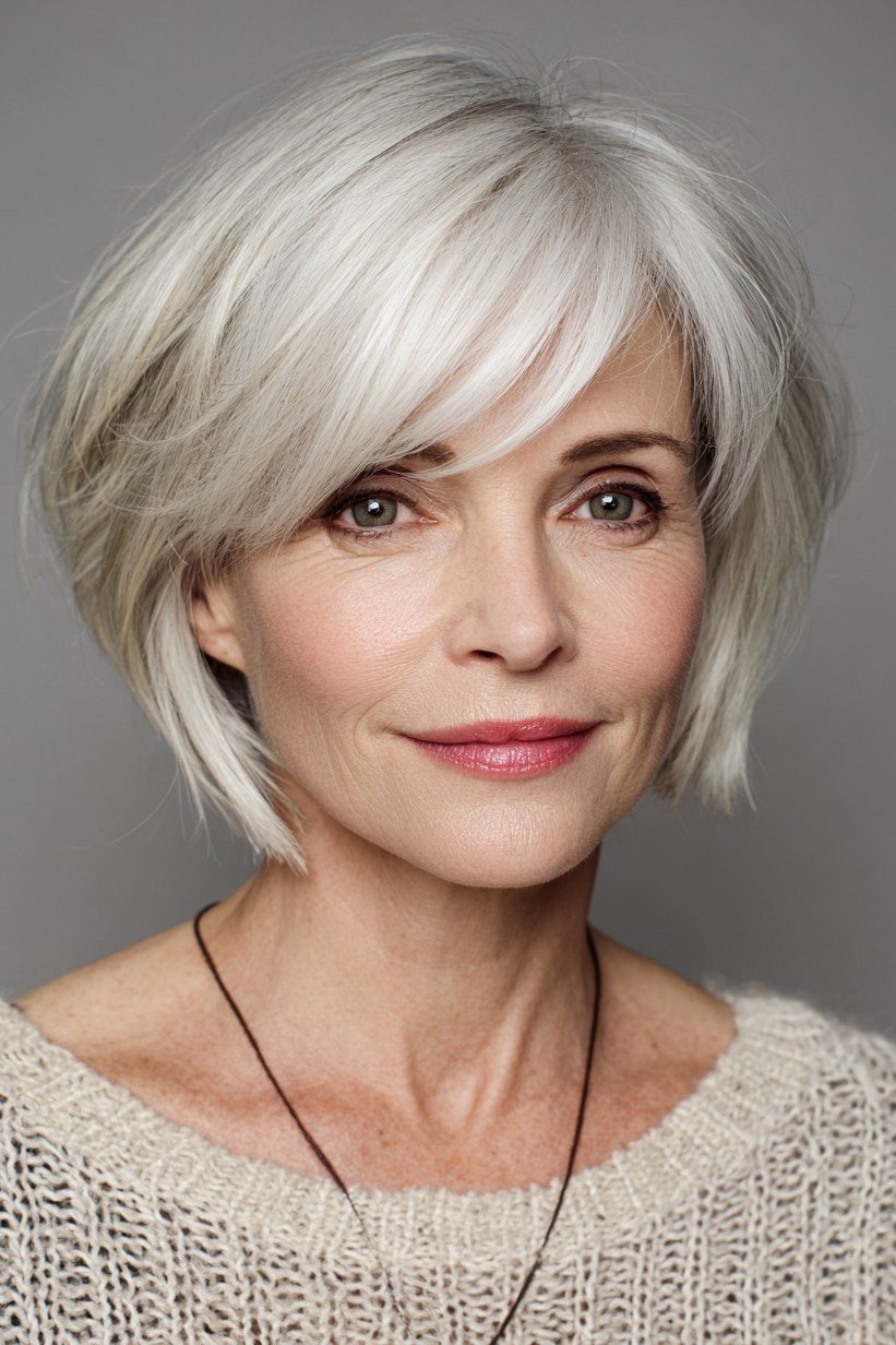 White Bob with Soft Bangs, chic bob haircut for women over 50