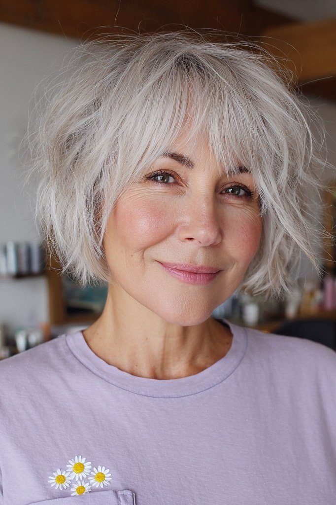 Choppy bob hairstyle for women over 60: silver wavy bob front lilac top