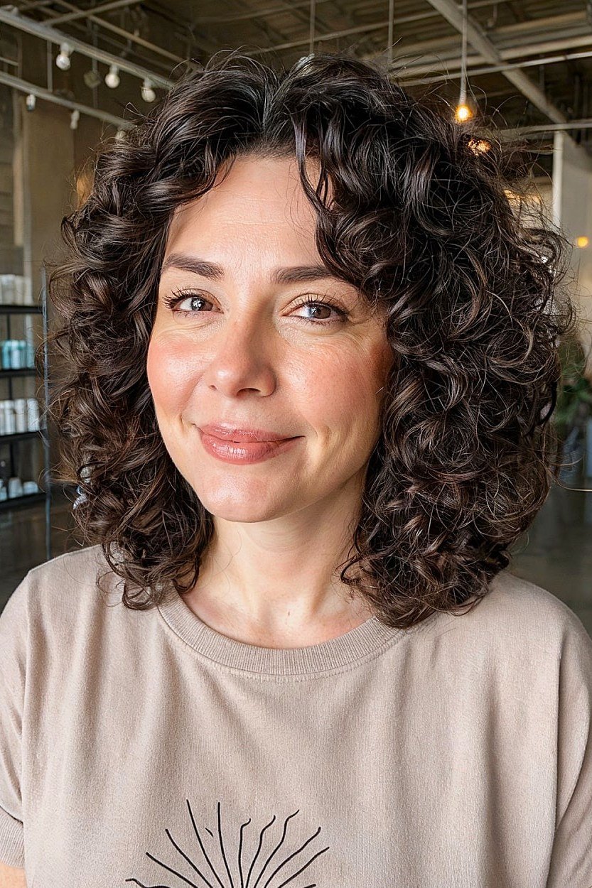 Curly brunette lob haircut with defined curls for women over 40