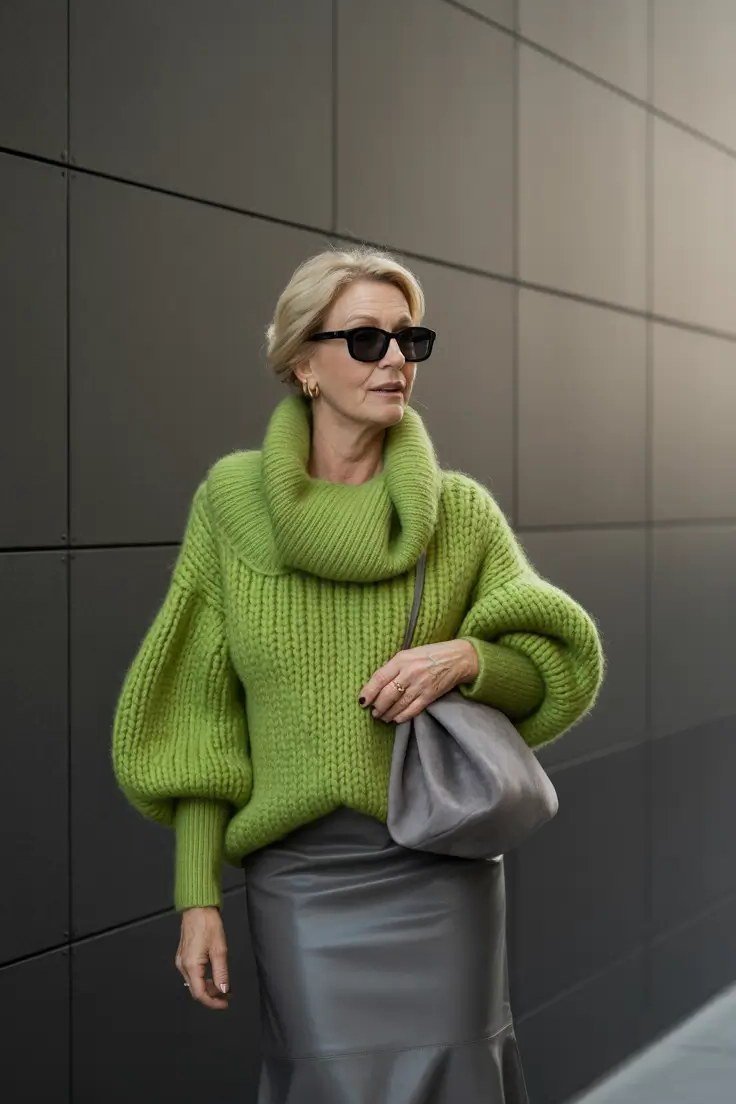 Stylish winter outfit for women over 60: green chunky turtleneck sweater with gray leather midi skirt