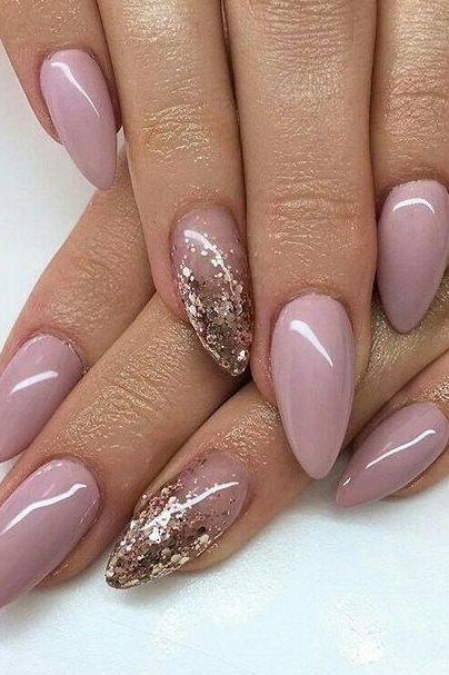 Pale Mauve Almond Nails with a Rose Gold Glitter Accent, elegant mauve nail idea for women over 60
