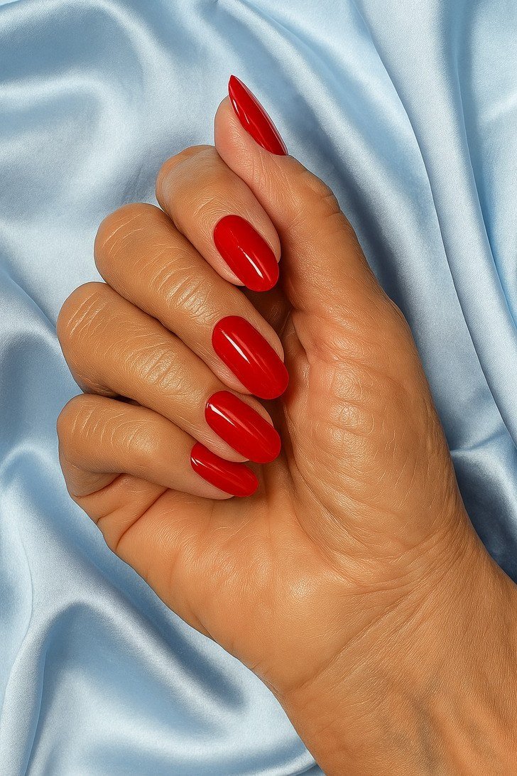 Classic red almond nails, best manicure idea for women over 60
