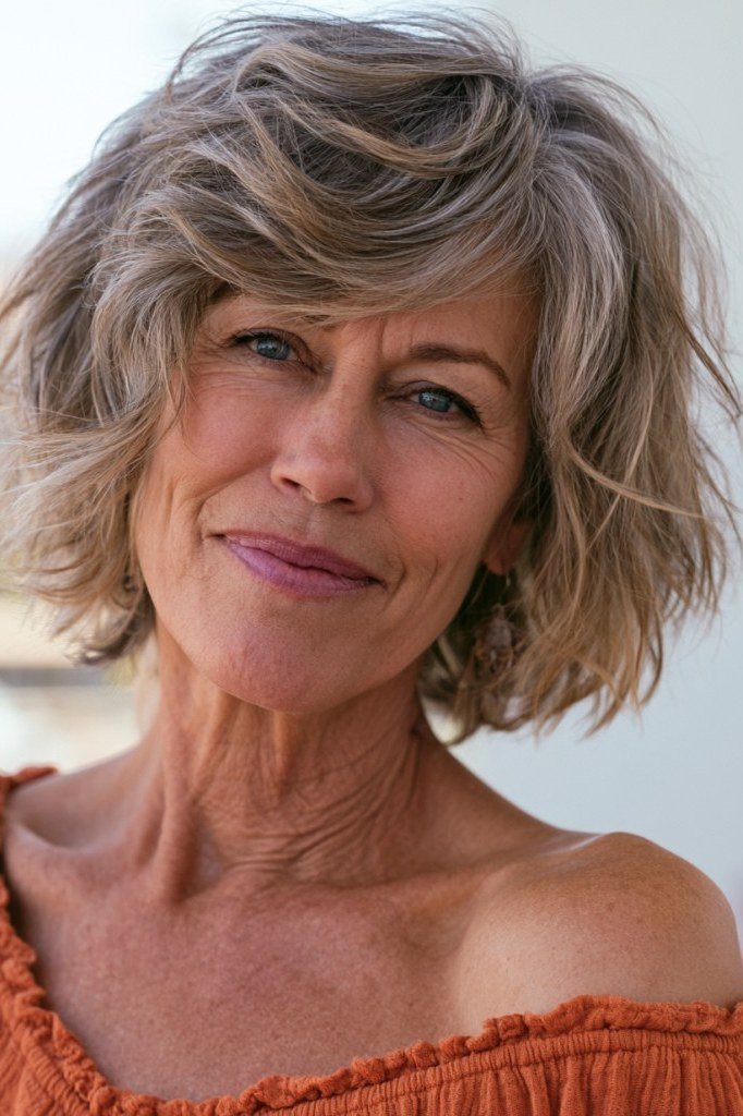 Warm Grey-Brown Tousled Shag - shaggy bob haircut for women over 60