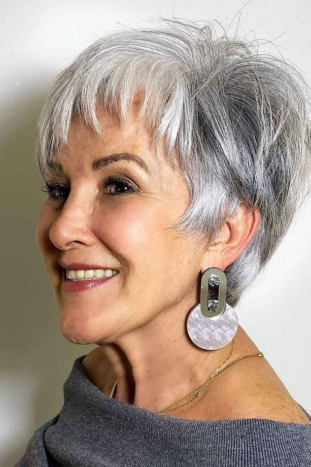 Silver pixie haircut for women over 70, six view collage