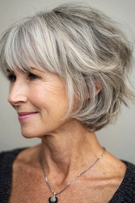 Choppy white textured shaggy bob with bangs for women over 60