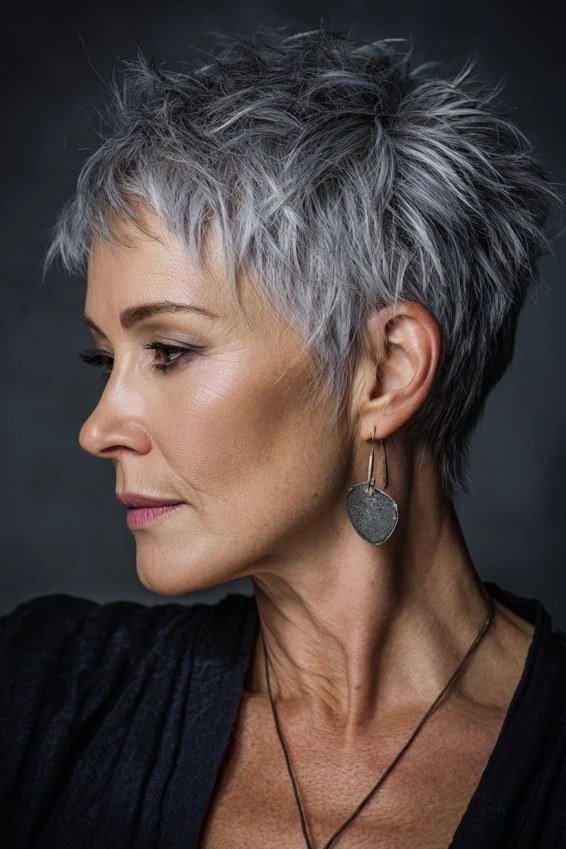 Textured silver pixie for women over 70, side view
