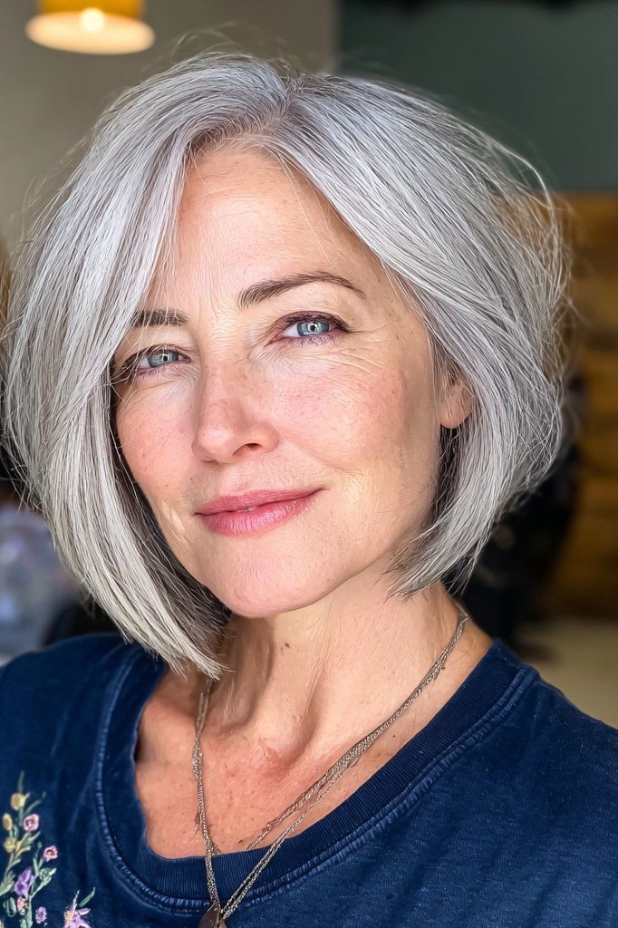 soft silver pixie cut, front view