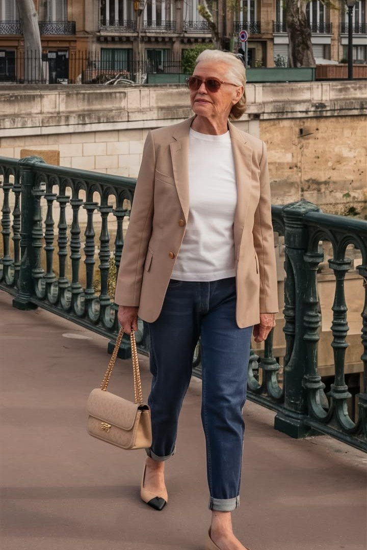 Camel blazer with white tee and cropped jeans for women over 60