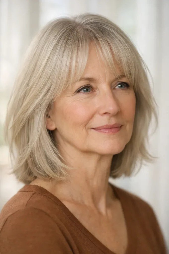 Blonde lob with bangs, front view, woman in her 60s