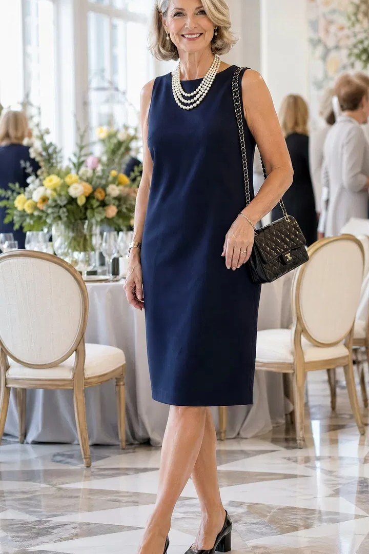 Navy sleeveless sheath dress with pearl necklace for women over 50