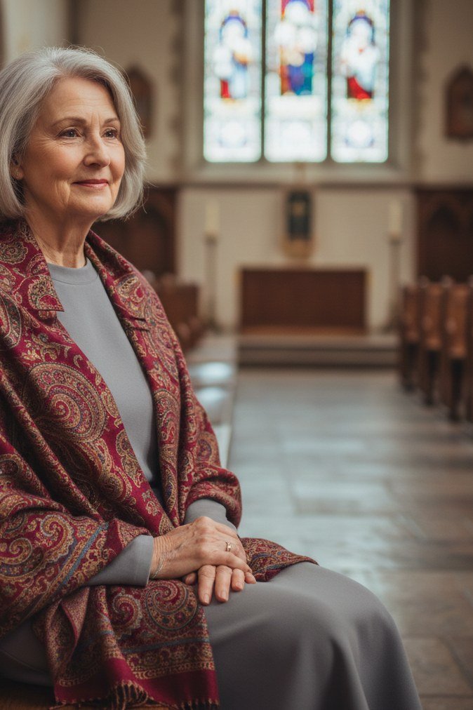 rust paisley shawl over gray dress church outfit for women over 60