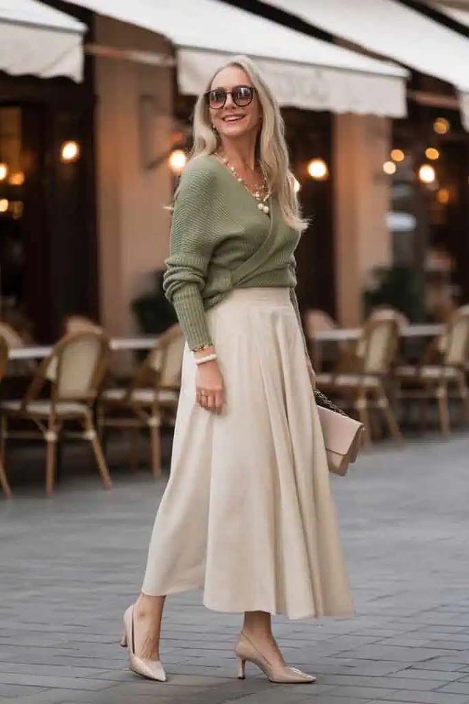olive sweater and cream midi skirt fall outfit for women over 60