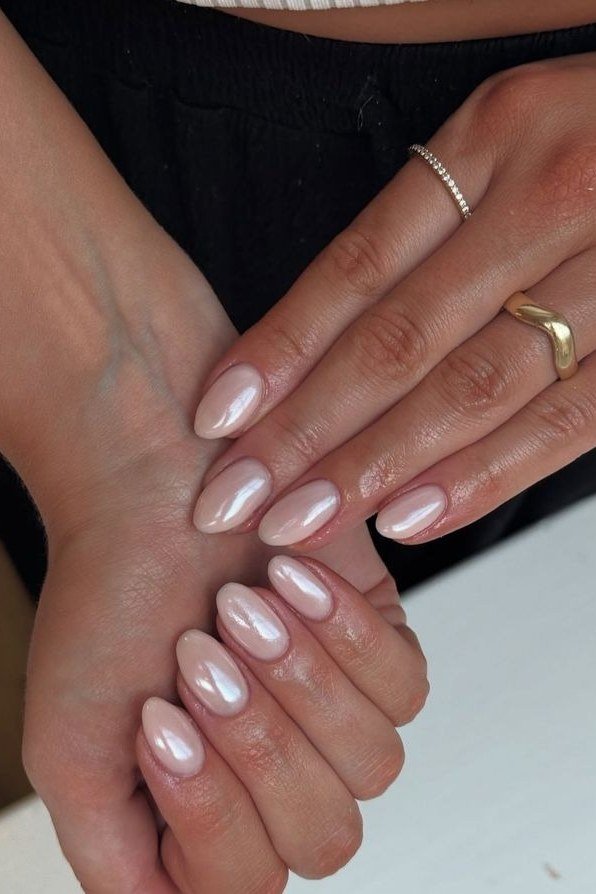 pearl chrome pink almond gel nails, rosy chrome nail design for older women
