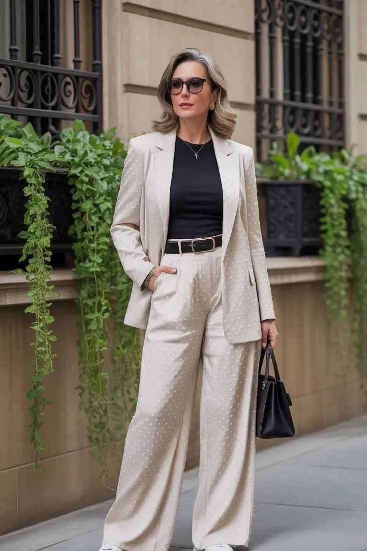 Older woman in beige blazer black top and cream wide trousers