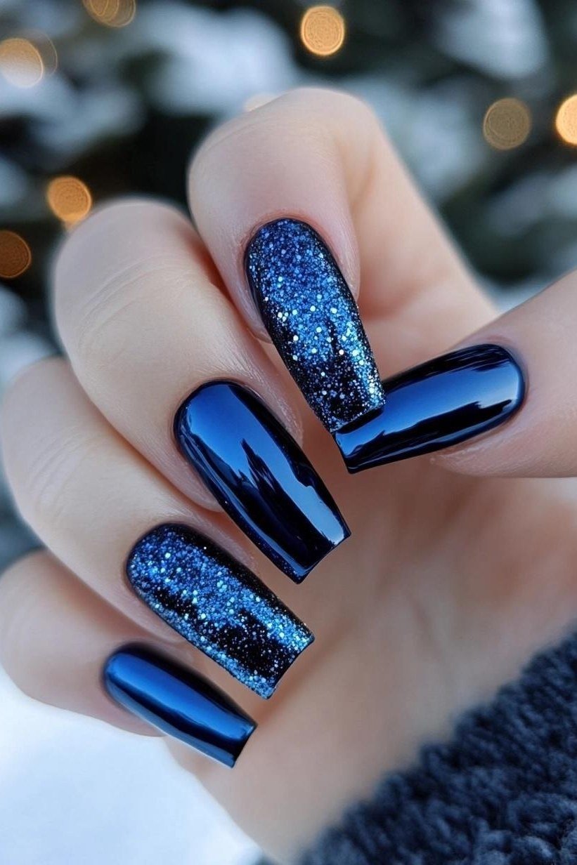 Royal Blue Chrome Coffin Nails - royal blue chrome coffin, glitter winter nail design for women over 60