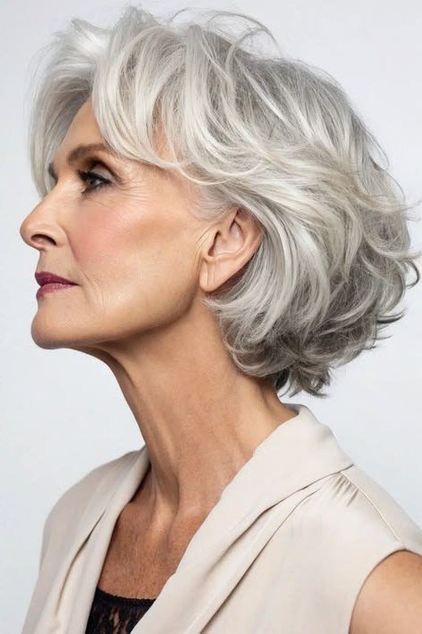 Silver wavy layered bob, smiling, timeless hairstyle for women over 70