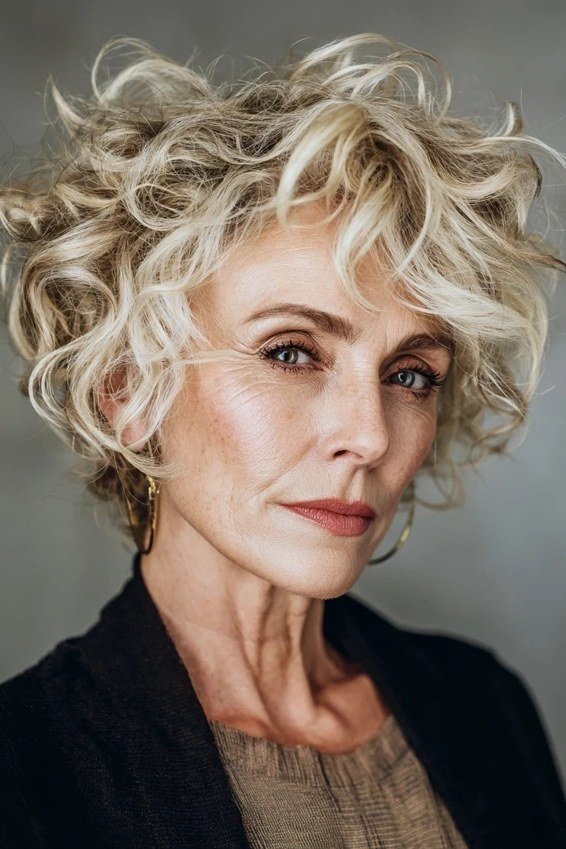White blonde curly bixie haircut front view for women over 60