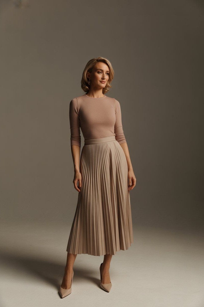 Tan pleated knit midi dress tan pleated knit midi dress 40s studio - fall outfit idea for women over 40