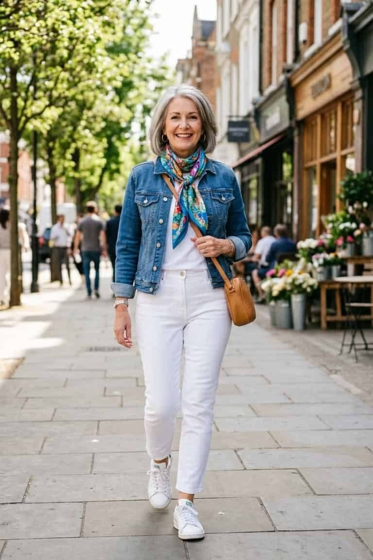 Denim Jacket with White Skinny Jeans and Scarf - chic casual outfit for women over 50