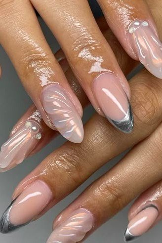 Silver Chrome French with 3D Floral Art - chrome nail designs for women over 60