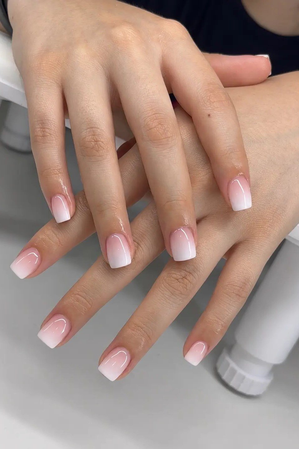 pink white baby boomer fade on short square nails