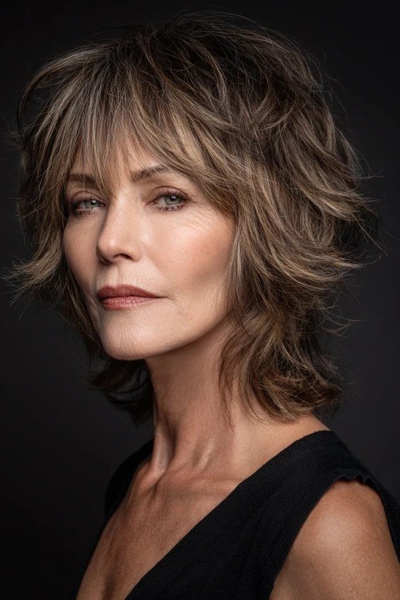 Modern Brunette Shag with Bangs - medium shag haircut for women over 40