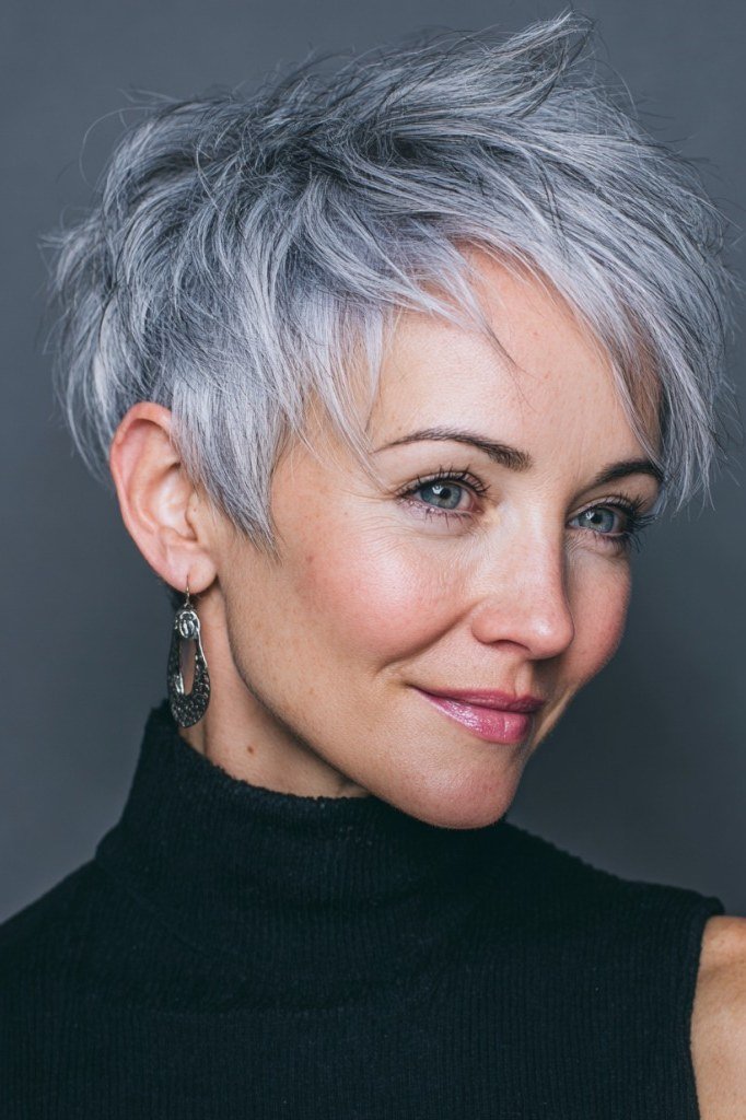 Silver wispy pixie with layered top, turtleneck