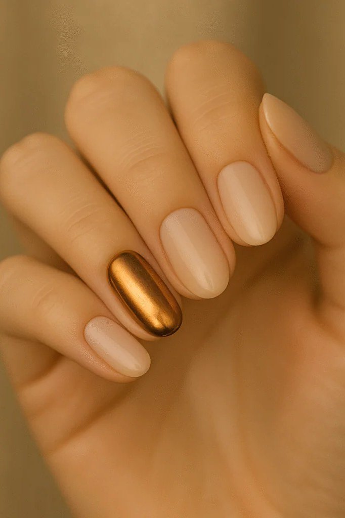 30. Matte Nude Nails With a Gold Chrome Accent - Thanksgiving nail art idea for women over 50