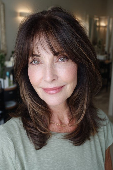 Brunette medium cut with wispy bangs and face-framing layers for women over 60