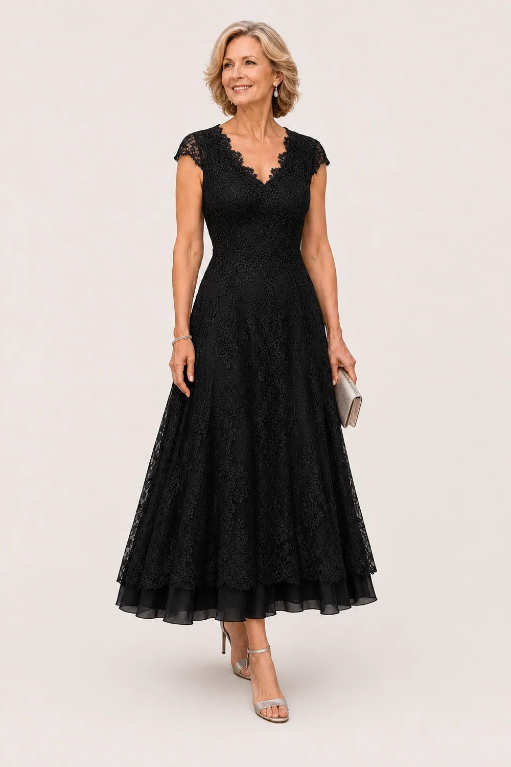 black lace cap-sleeve midi dress