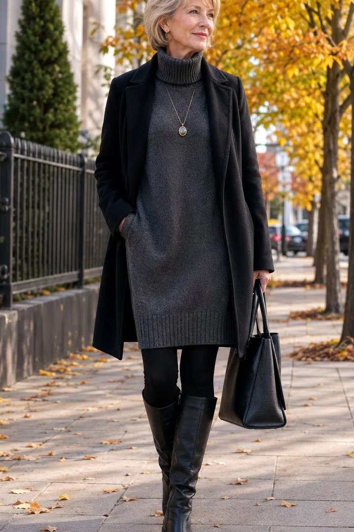 Gray sweater dress with black coat and black knee boots, fall outfit for women over 50