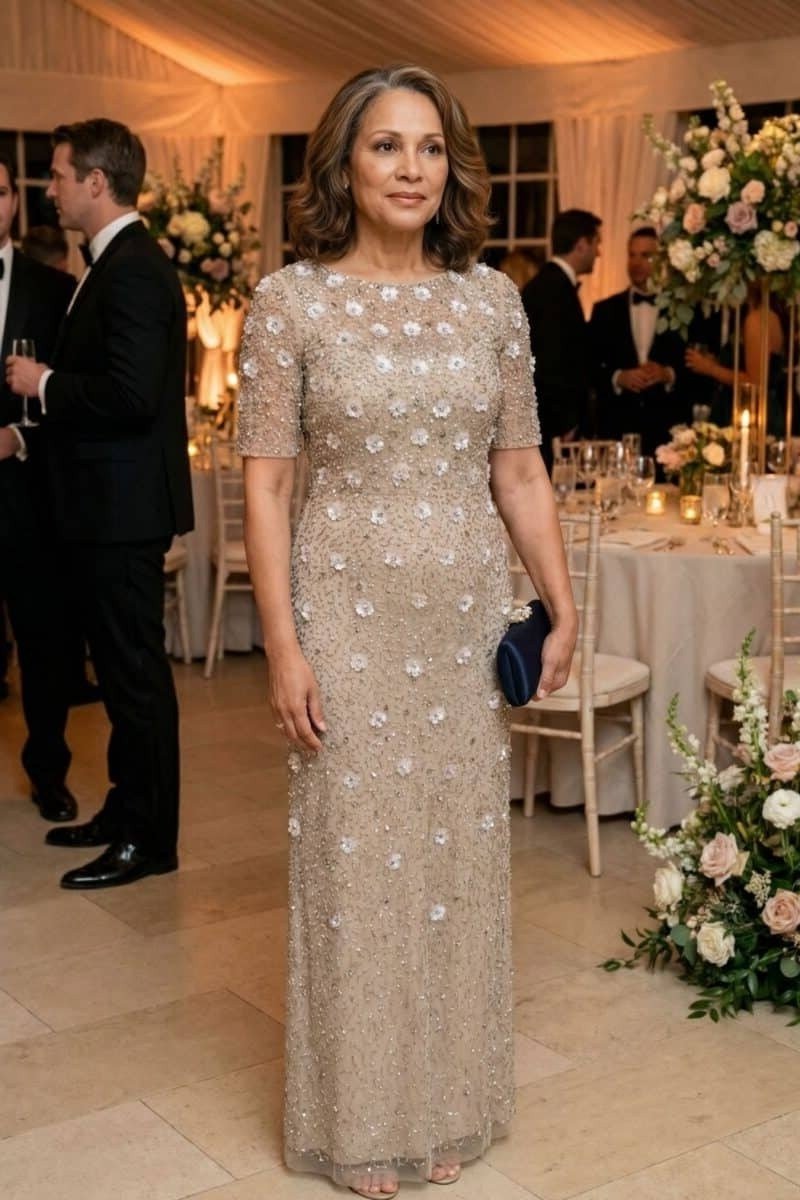 Champagne sequin gown, wedding reception - wedding guest outfit for women over 50
