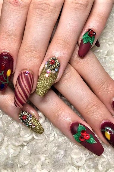 Dark red, green and gold nails with Christmas ornament art - classy Christmas nail idea for women over 70