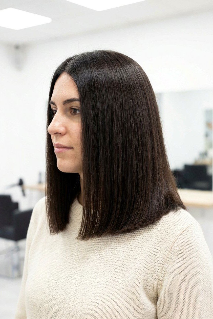 Dark brown straight lob haircut on an older woman, side profile, medium hairstyle for women over 60