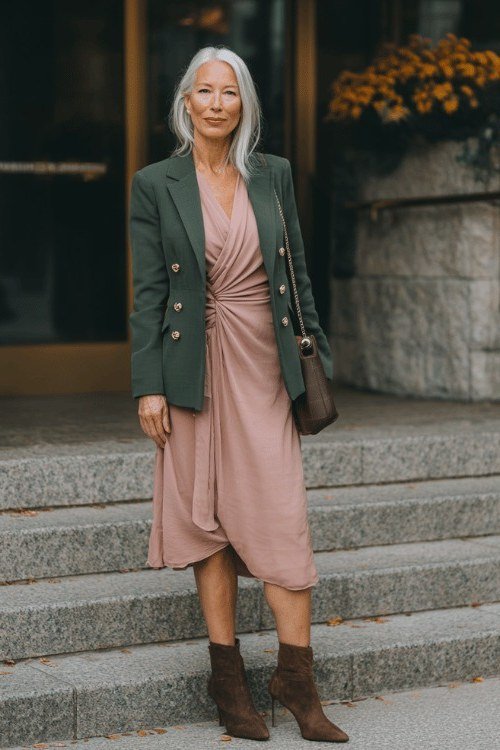 older woman in green blazer with mauve wrap dress and brown ankle boots