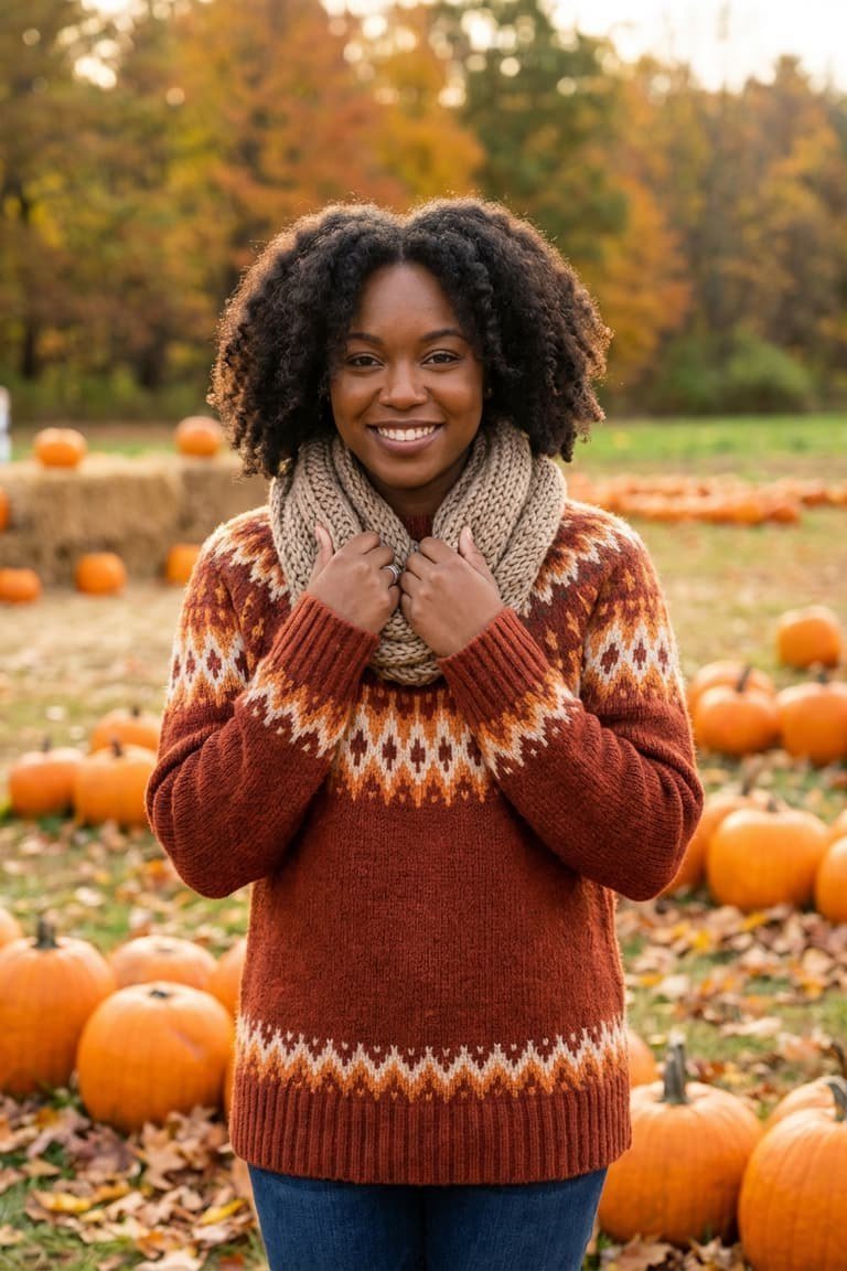 Rust Fair Isle Sweater at the Pumpkin Patch - fall outfit for women over 40