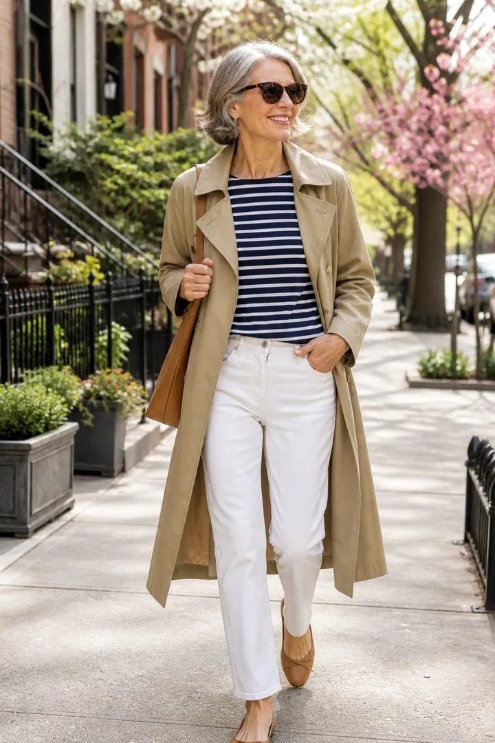beige trench striped tee white jeans over 50