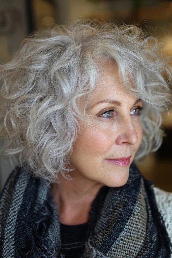 Grey curly shag haircut side view for women over 60