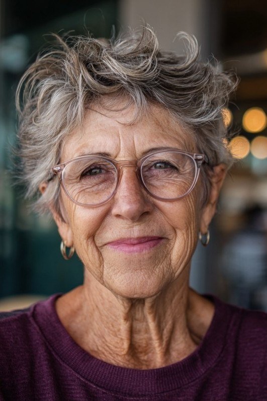 15. Curly White Pixie with Glasses - wash and wear hairstyle for older women