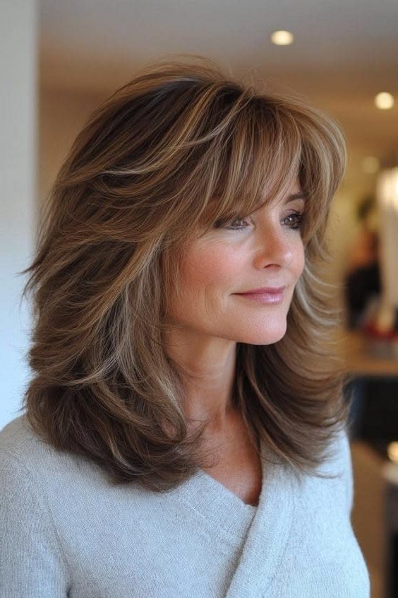 Feathered silver layered medium-length hairstyle with soft bangs, front side view, for women over 50