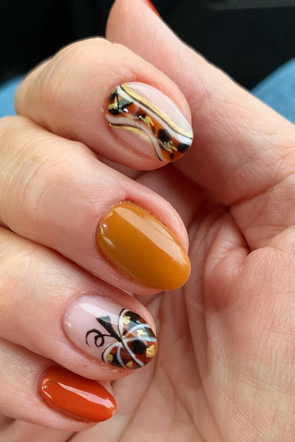 Mustard and White Nails with Black Botanical Art, fall nail color idea for women over 50