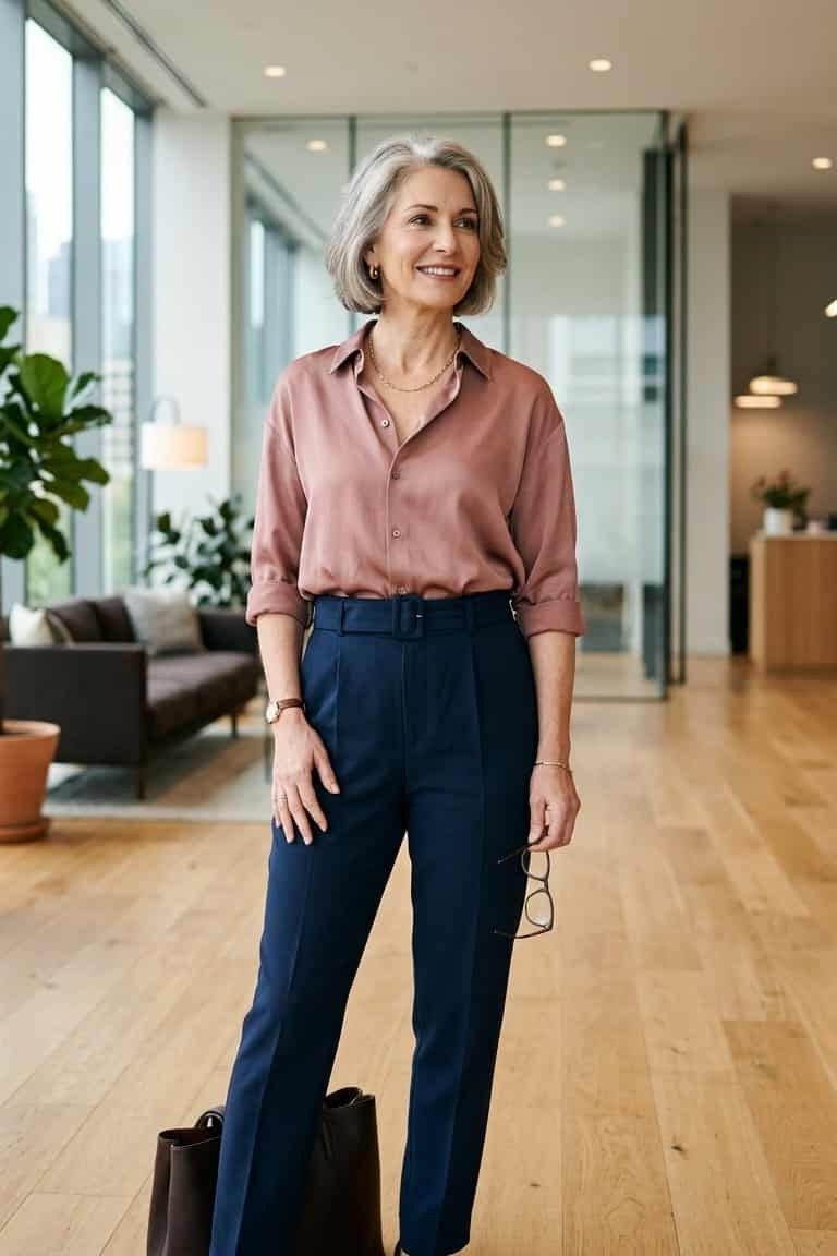 Rust Satin Blouse with Navy Wide Trousers - business outfit for women over 50