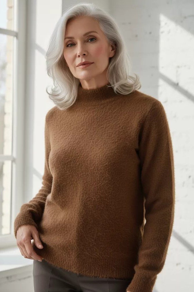 Chocolate-brown turtleneck sweater standing by bright window, cozy sweater outfit idea for women over 70