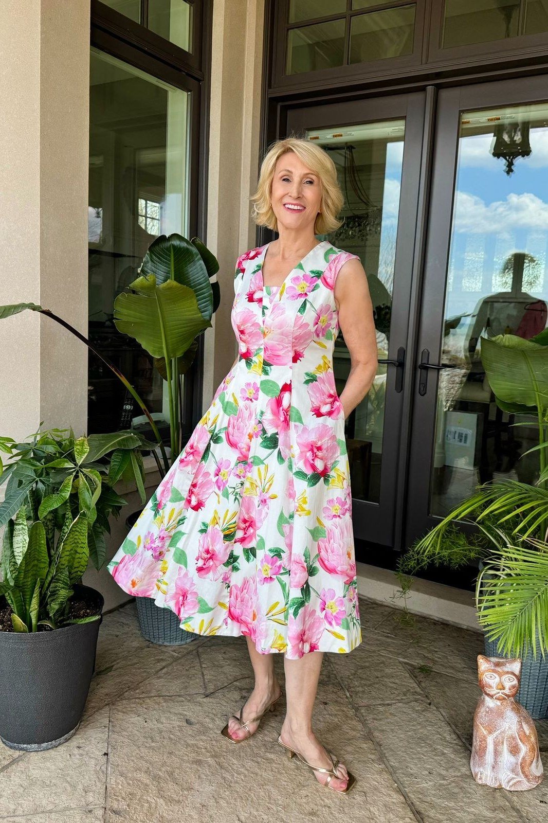 Pink and Green Floral Sleeveless Midi summer outfit idea for women over 60