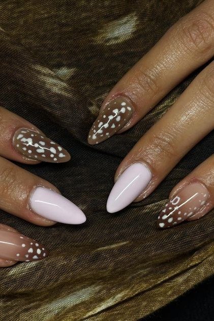 White nails with brown spotted tips fawn print nail design