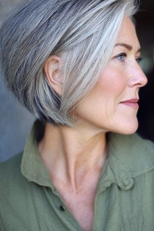 Silver bob side view, green shirt, short layered bob hairstyle for women over 60