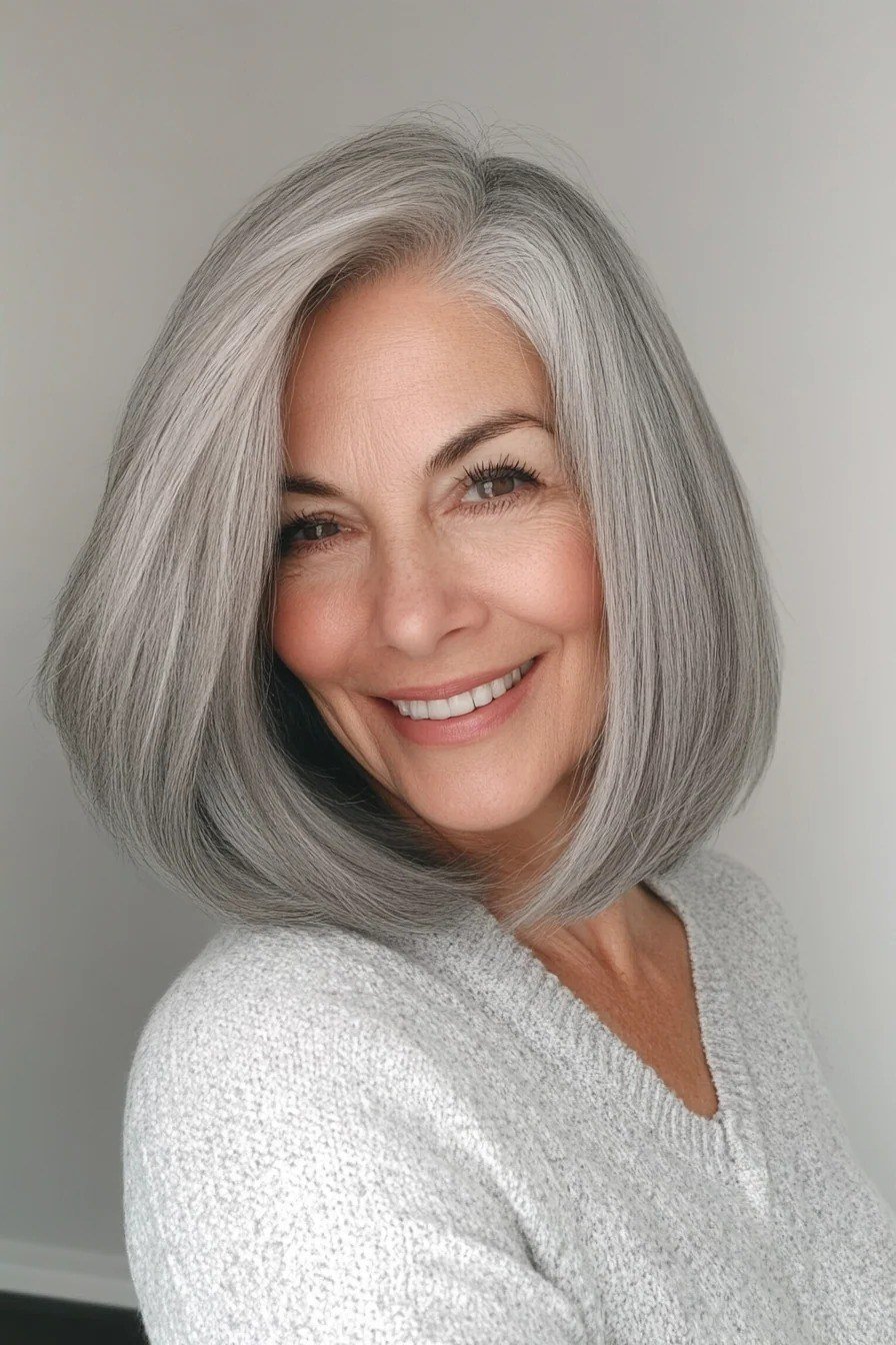 Silver Shoulder-Length Layers - grey shoulder length hairstyle for women over 60