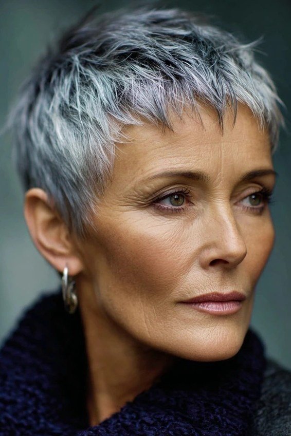 Blue-grey modern short crop haircut for women over 60