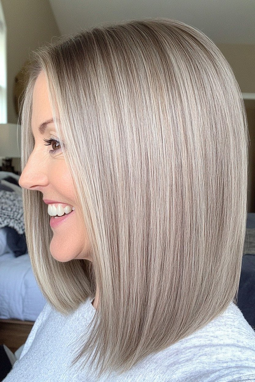 ash blonde straight lob, side view for women over 50
